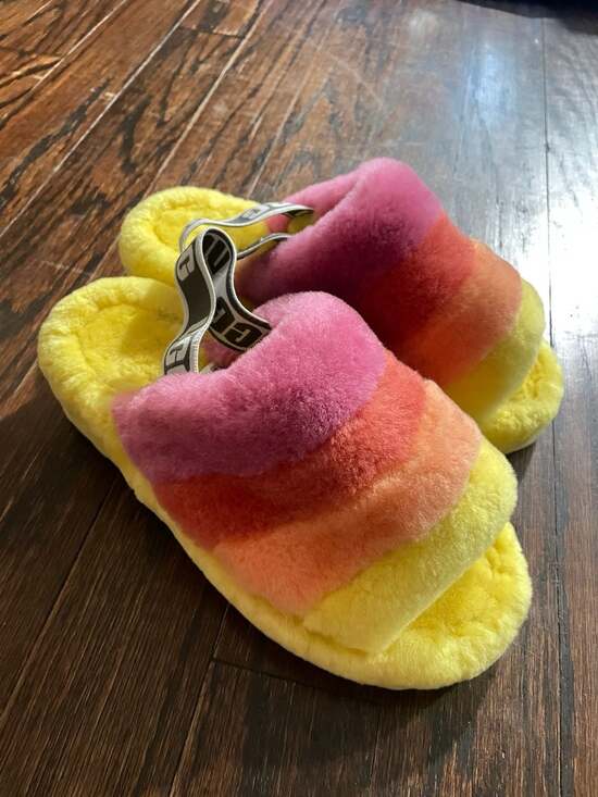 UGG Shoes - UGG Fluff Yeah Slide Pride Rainbow Yellow Slippers Women's Size 8